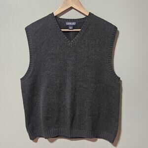 Lands' End Sweater Vest Mens L Gray Cotton Knit V Neck Pullover Preppy Old Money